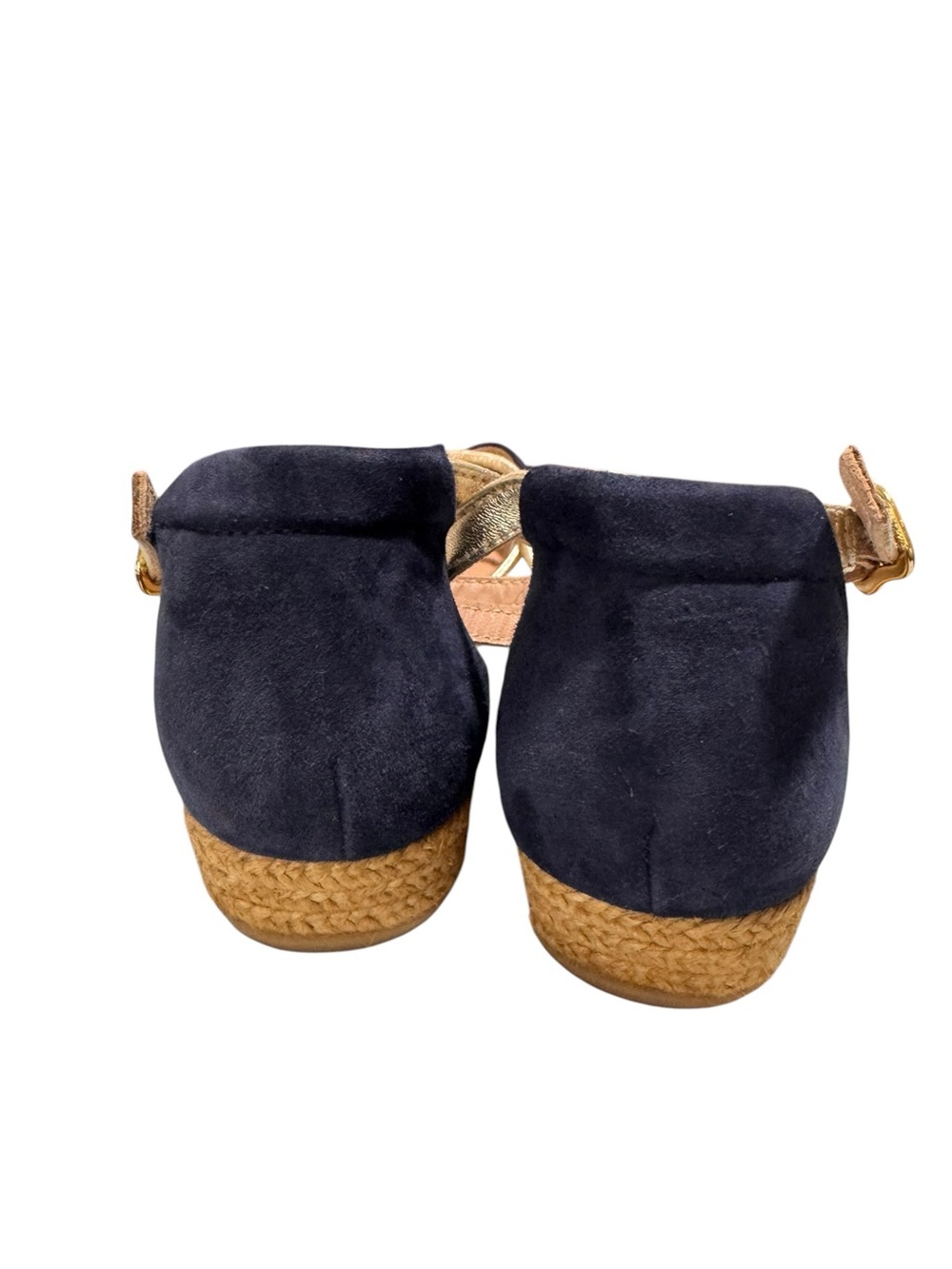 Eric Michael Navy Suede & Gold Espadrille Wedge Sandals Size 9.5 (40) Like New - Picture 6 of 11